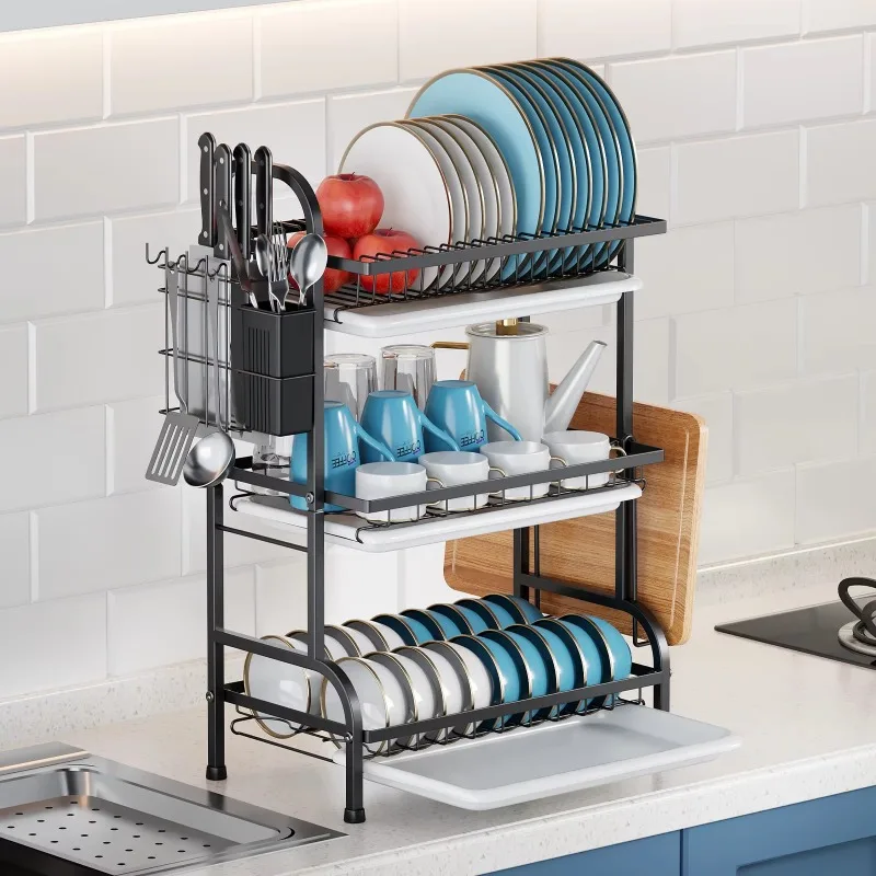 2-Tier Compact Dish Drainer Rack Rust-Proof Kitchen Dish Storage Organizer with Utensil Tray Cup Holder Knife Storage Block