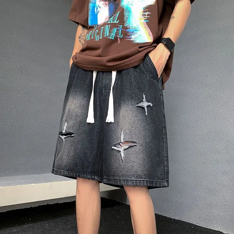 Men&rsquo;s Retro Elastic Waist Pocket Fashionable Solid Color Five-point Star Ripped Denim Shorts