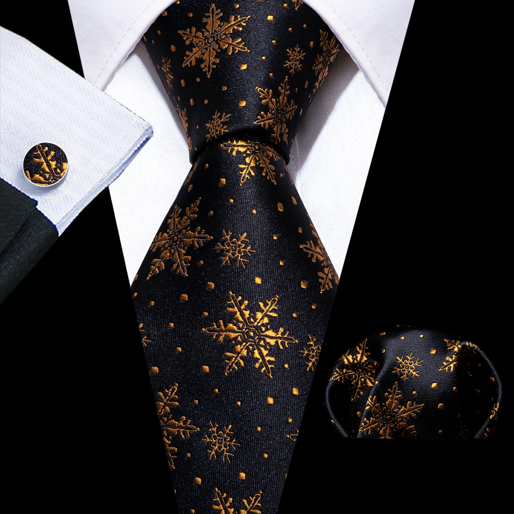 

Black Gold Snow Men Tie for Christmas Necktie Hankerchief Cufflinks Set Xmas Festival Cravat Santa Reindeer Tree Barry.Wang Gift