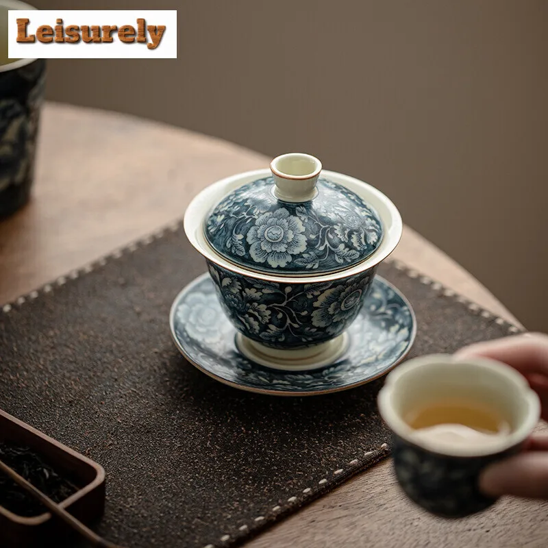 100ML Antique Ru Kiln Gaiwan Aesthetic Blooming Flowers Three Talents Tea Tureen Tea Maker Cover Bowl Chinese Teaset Ornaments