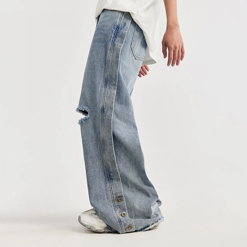 High Quality Men Ripped Jeans Vintage Blue Wide Leg Denim Pants Side Button Patchwork Hip Hop Spring Streetwear Baggy Trouser
