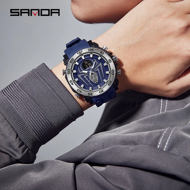SANDA Men Military Watches Big Spider Dial Sport Watch LED Digital Waterproof Watch Men Multifunction Dual Display Clock Relogio 5