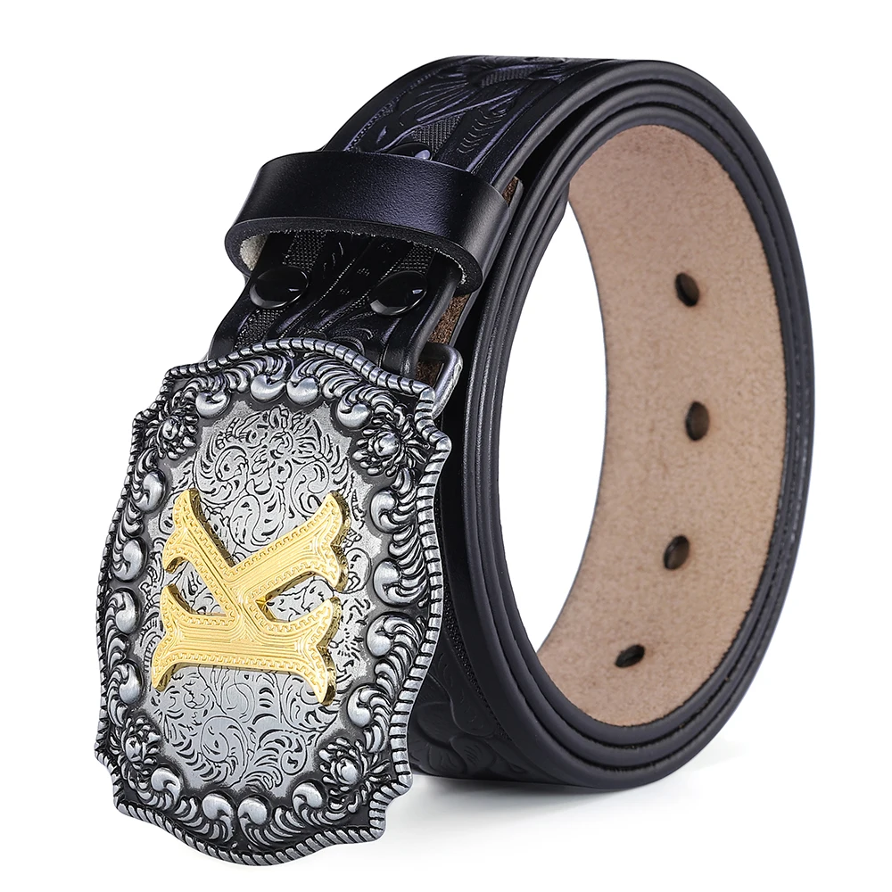 Western Belt Men Genuine Leather Belts for Men Women Cowboy Cowgirl Big Letters Buckle Gold Male Belts Long Black Brown Quality