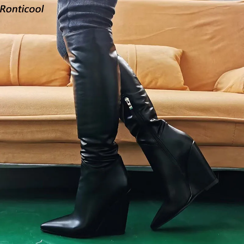 

Ronticool Change Color Handmade Women Winter Knee Boots Wedges HeelS Pointed Toe Elegant Black Night Club Shoes Plus Size 35-47