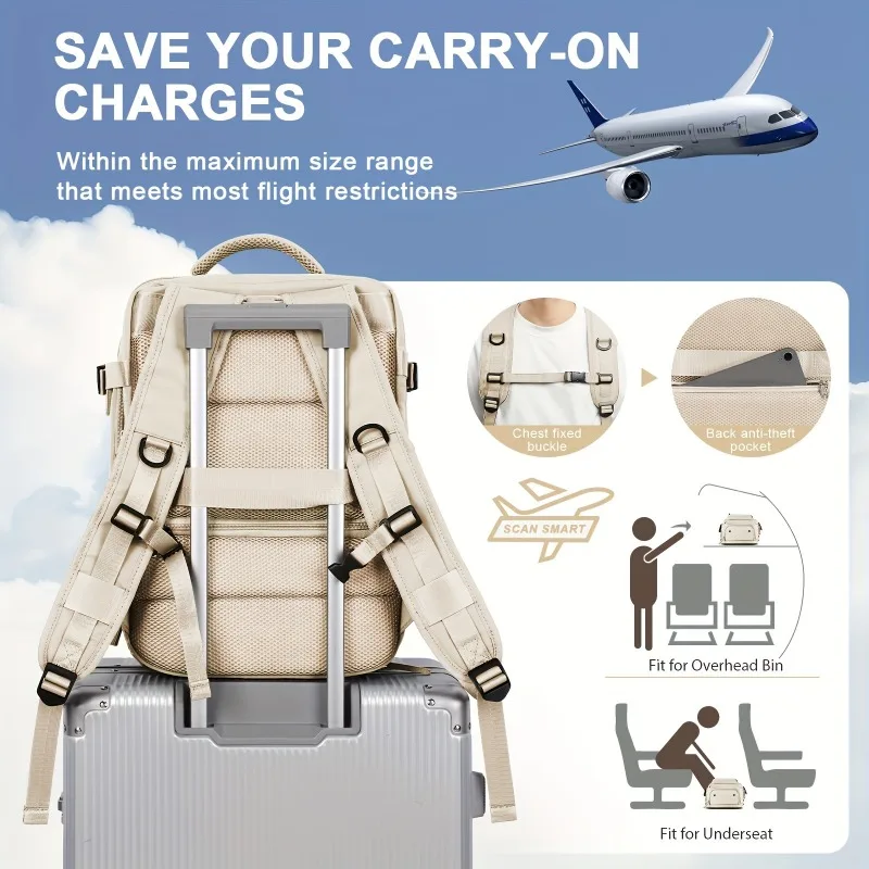 Multi-functional Travel Backpack Separate Shoe Cabin Oxford Cloth Notebook Storage Bag Casual Sports Style Beige Gray Backpack