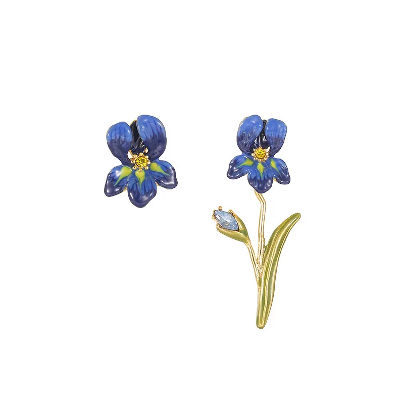 Luxury Sweet Fashion Flower Pendant Blue Iris Flower-de-luce Asymmetrical Long Earrings Necklace for Women Jewelry Accessories
