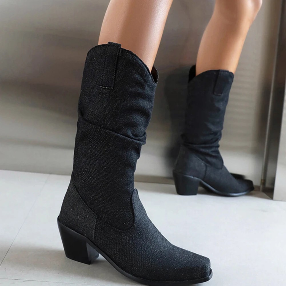 

Sorphio High Square Heeled Western Women Boots Mid-calf Pointed Toe Slip On Shoes For Women Fashion Cowgirls Women Boots