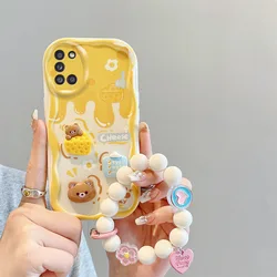 3D Cartoon Cream Bear Phone Case with Wristband Chain and Soft Toy Cover for Galaxy M02s (Yellow)