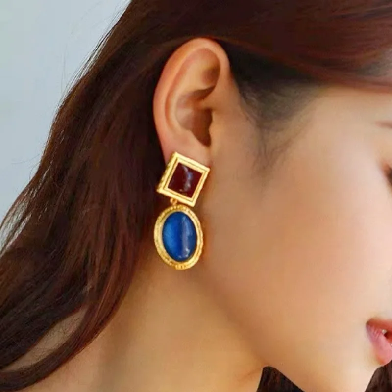 

Brass Retro Double Color Glass Geo Clip Earring Women Jewelry Punk Designer Runway Rare Simply Gown Boho Japan Korean