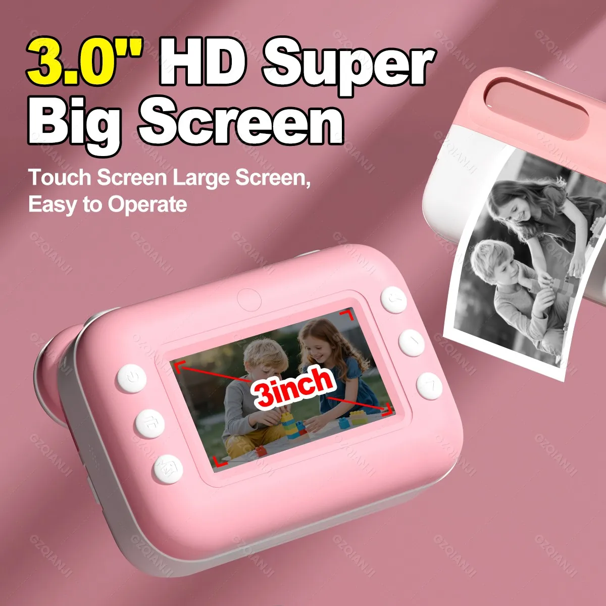 3.0'' HD Big Screen Kids Children's Digital Camera Instant Video Record & Thermal Printer Funprint APP 32G Memory Card optional