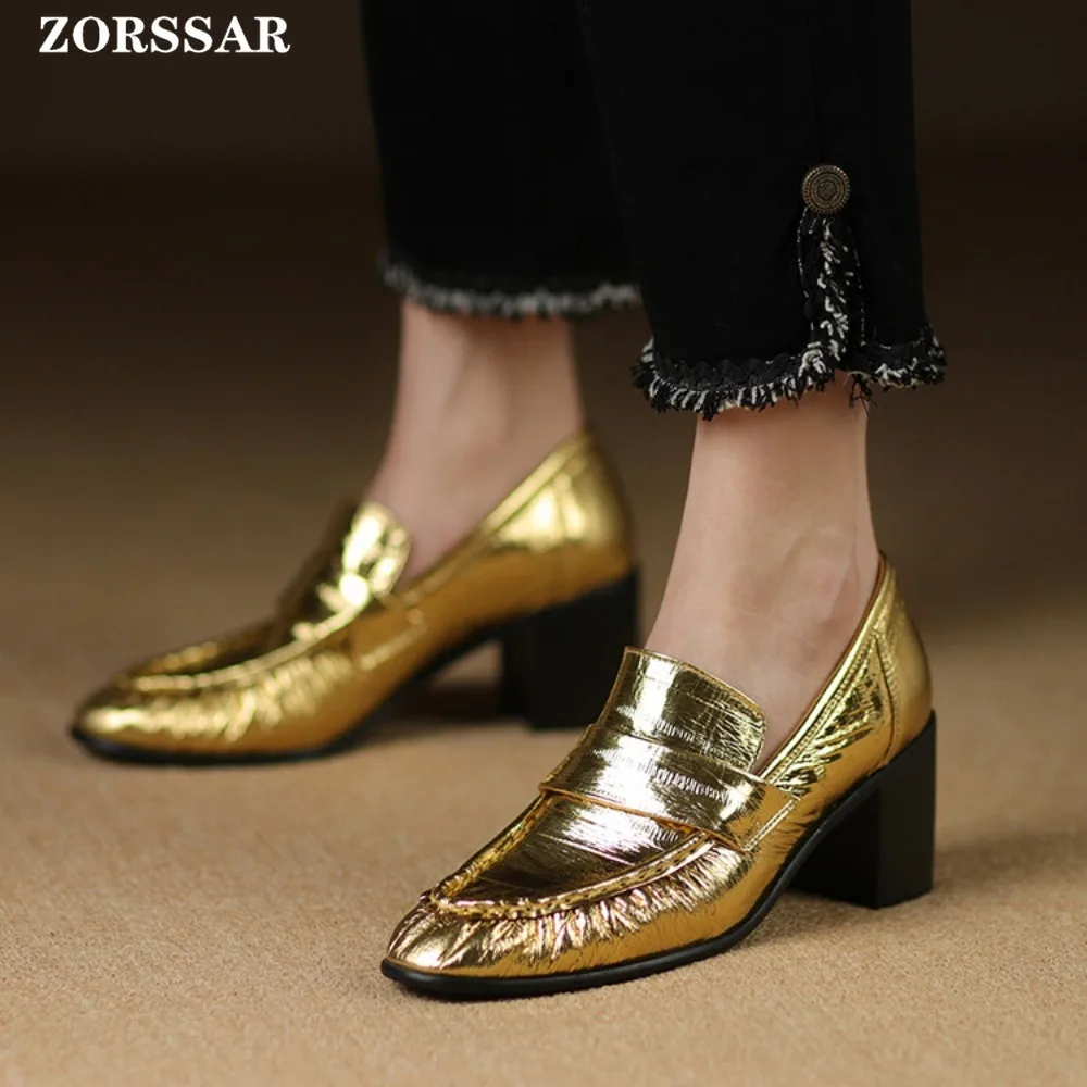 

Fashion Women Gold Loafers 2024 New Genuine Leather Chunky Heel Slip on Pointed Toe Shoes High Heels Black Small Leather Shoes