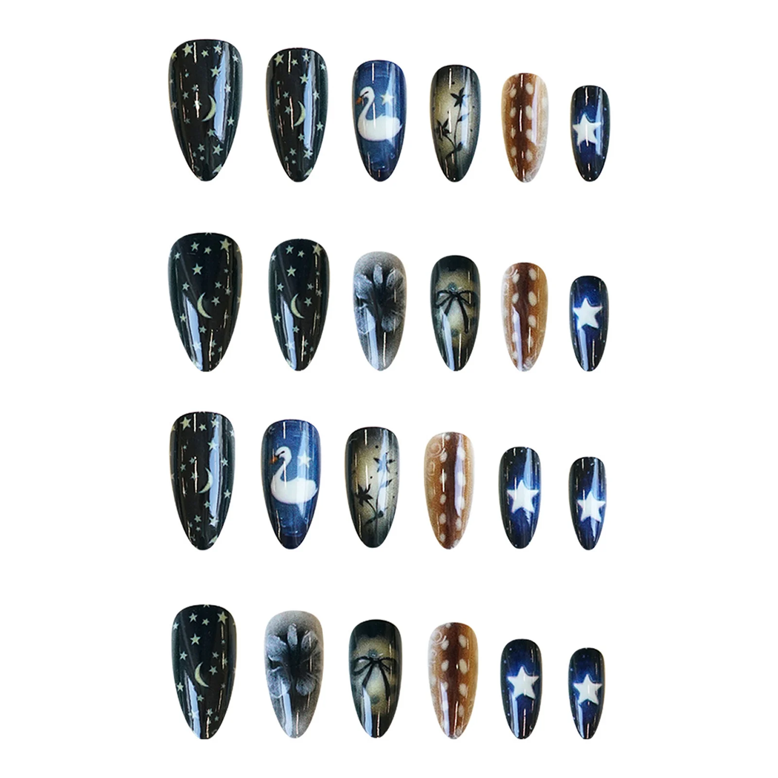 24Pcs 가짜 손톱 광택 블랙 프레스 온 네일 스완 프린트 가짜 손톱 여성용 네일 아트 장식 웨어러블 가짜 손톱