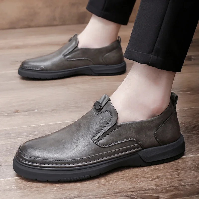 

Shoes for Male 2023 Classic Basic Men's Casual Shoes Outdoor Walking Round Toe Slip on Flat with Sewing Daily Leather Shoes Man
