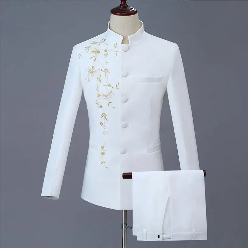 Suit Jacket Pants Two Pcs Set Men's Casual Personalized Printing Stand Up Collar Chinese Tunic Blazers mens suit
