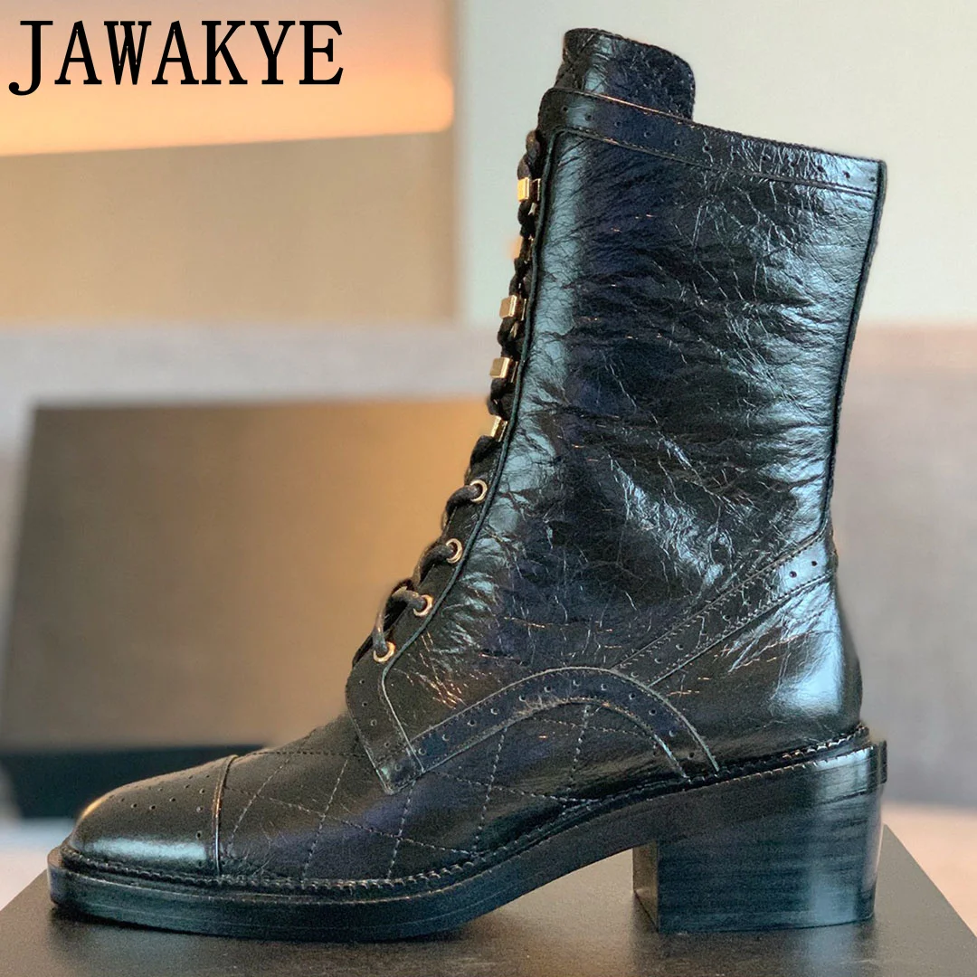 

Winter Genuine Leather Sewing Mid-calf Boots Women Round Toe Thick Sole Chunky Heel Dress Party Boots Grid Black Boots Women