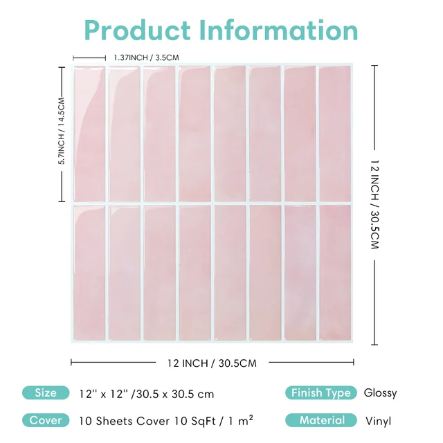 10 adesivi per piastrelle rosa, 30,5×30,5 cm, vinile autoadesivo, facile da installare, decorazione da parete per camera da letto e cucina 4