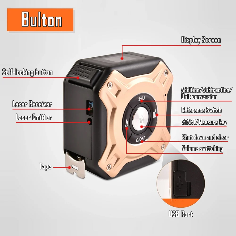 50M Laser Tape Measure Distance Meter Stainless Digital Retractable Roll Cord Rangefinder Woodworking Laser Measuring Tool