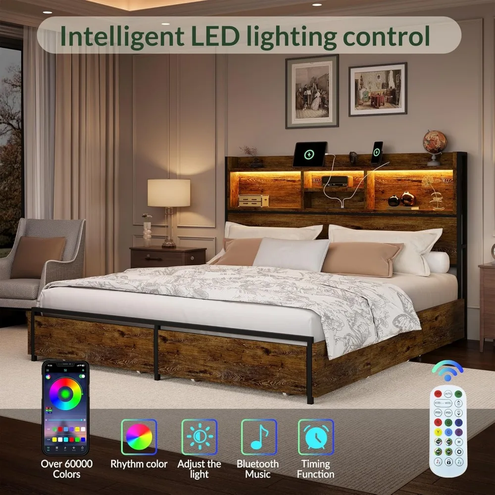 Queen Size Bed Frame with 6 Storage Drawers and Headboard Wooden Platform Beds Frames with LED Lights, Queen Bed Frame 4