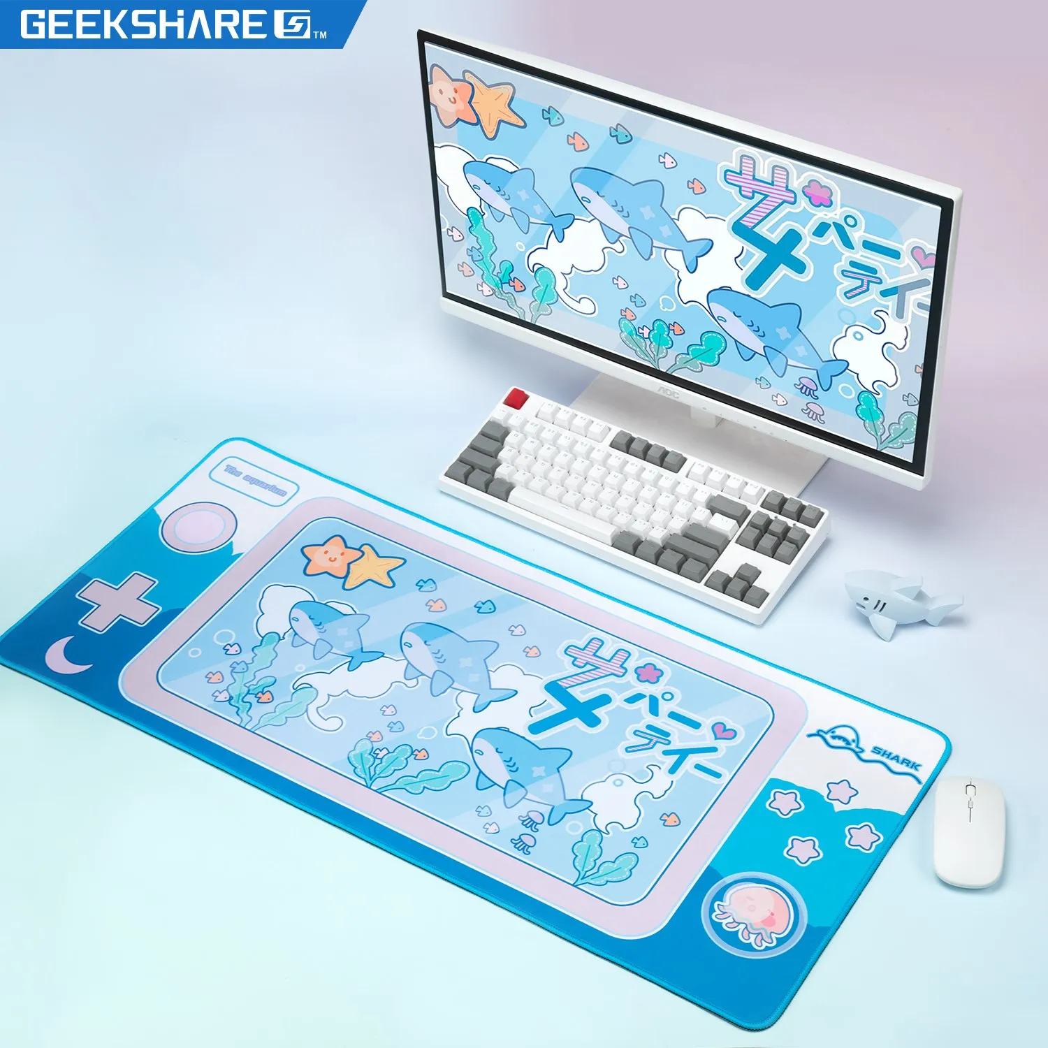 Geekshare Mouse Pad Tamanho Grande 79cm 34.5cm Shark Party Azul Computador Mousepads Gamer Tapete de Mesa Bonito Esteira de Mesa Xxl Antiderrapante Moda