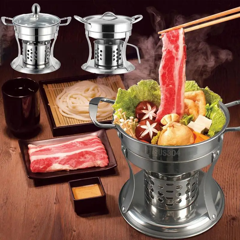 

Camping Stove Single Small Hot Pot With Lid Stainless Steel Shabu Shabu Indoor Outdoor Hot Pot Party Portable Cooking Tools