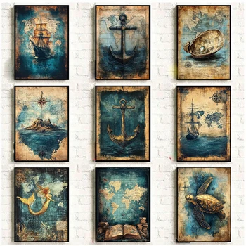 Dipinto su tela 2D: Stampe di poster nautici vintage, dipinto su tela con mappa del tesoro marino antica, quadro da parete per soggiorno.