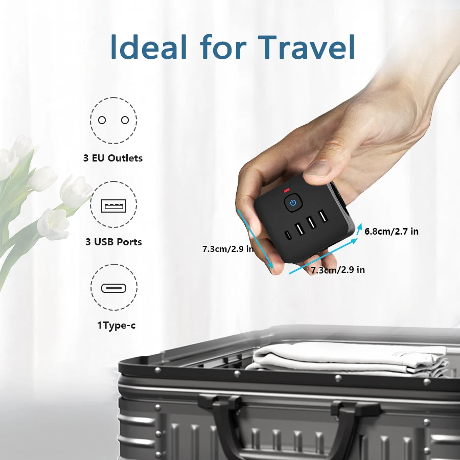7-in-1 EU Power Strip 3 AC Outlets 3 USB 1 Type-C Desktop Charging Station Overload Protection