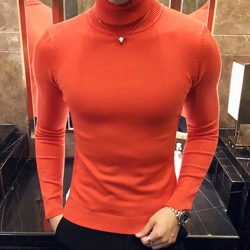 

Мужской облегающий свитер, черный Однотонный свитер с высоким воротником, Осень-зима 2019