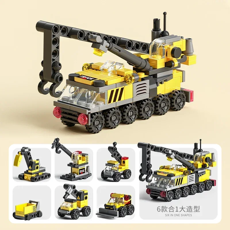 City Fire Car Building Blocks for Children, Police Truck, Engineering Crane, Tank, Helicopter Bricks Set Toys for Kids, 6in 1 - 6