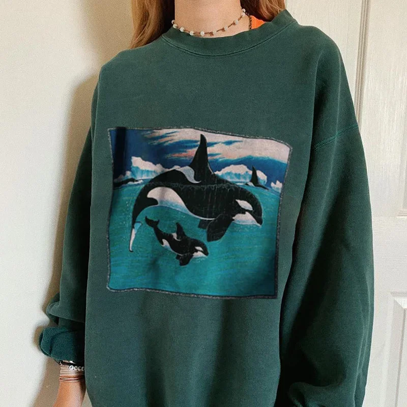 Street Fashion Whale Print Pullovers Women Spring Autumn Indie Y2k O Neck Long Sleeve Loose Sweatshirts Vintage Tops 2024 New
