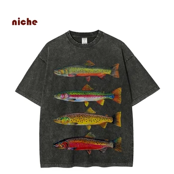 Color Smudged Polka Dot Fish Print T-Shirt Abstract Designer New Round Neck Shoulder Loose Wash Sleeve Short Sleeve