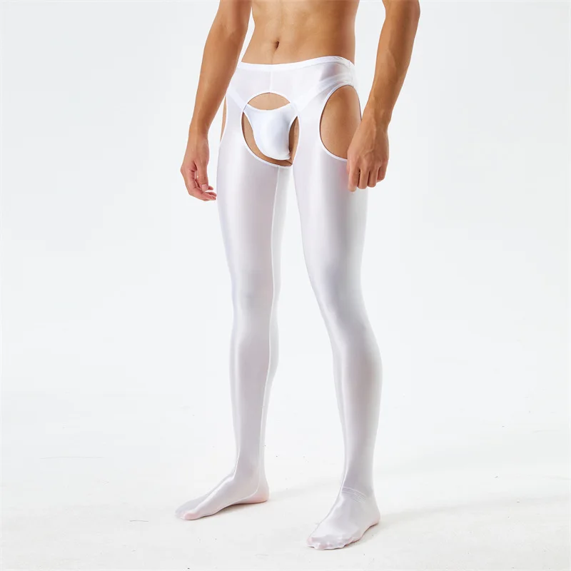 Oil Shiny Glossy Crotchless Pantyhose Men Wetlook Open Crotch Exotic Tights Women See Through Sexy Smooth Fitness Leggings Pants