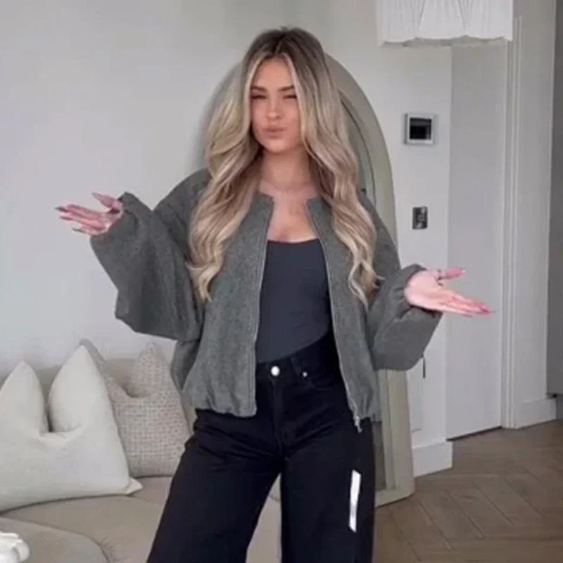 Retro Solid Woolen Women's Bomber Jacket Long Lantern Sleeves Pockets O-neck Loose Female Coat Autumn High Street Outwears