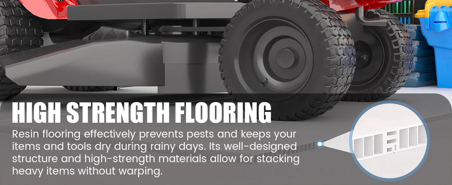 Resin shed flooring with high load bearing capacity, insect and moisture resistant.