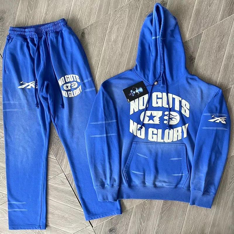 

24ss Hellstar No Guts No Glory Hoodie Men Women 1:1 Best Quality Blue Pure Cotton Sweatshirts Oversized Tracksuit Set