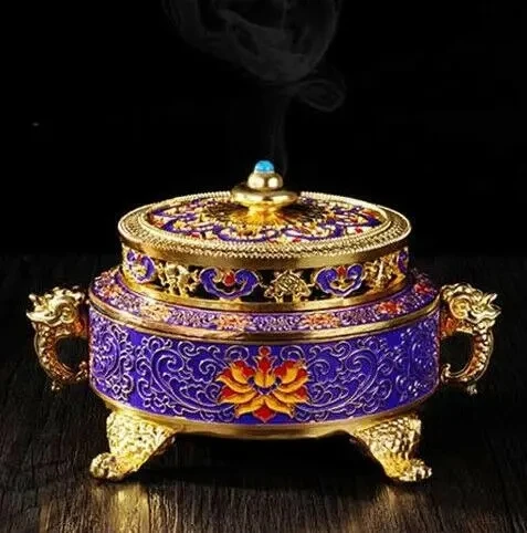 

Tibetan Style Copper Cloisonne Hand-painted Lotus Flower Incense Burner