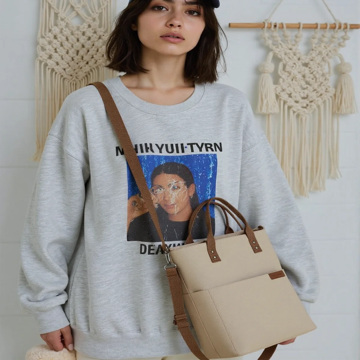 Large Capacity Japanese Women's Canvas Shoulder Bag Multiple Pockets Simple Zipper Handbag