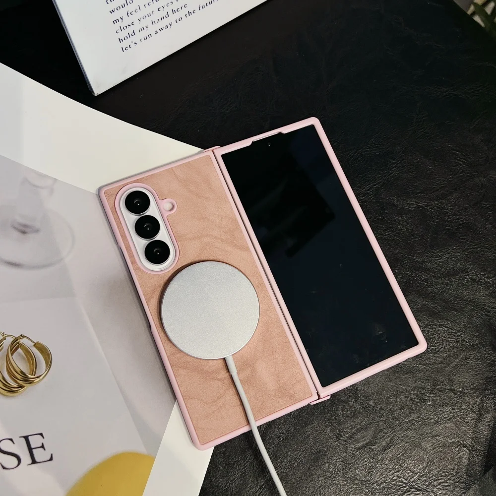 Magnetic Wireless Charging Leather Patterned Phone Case with Silicone Soft Bumper Cover