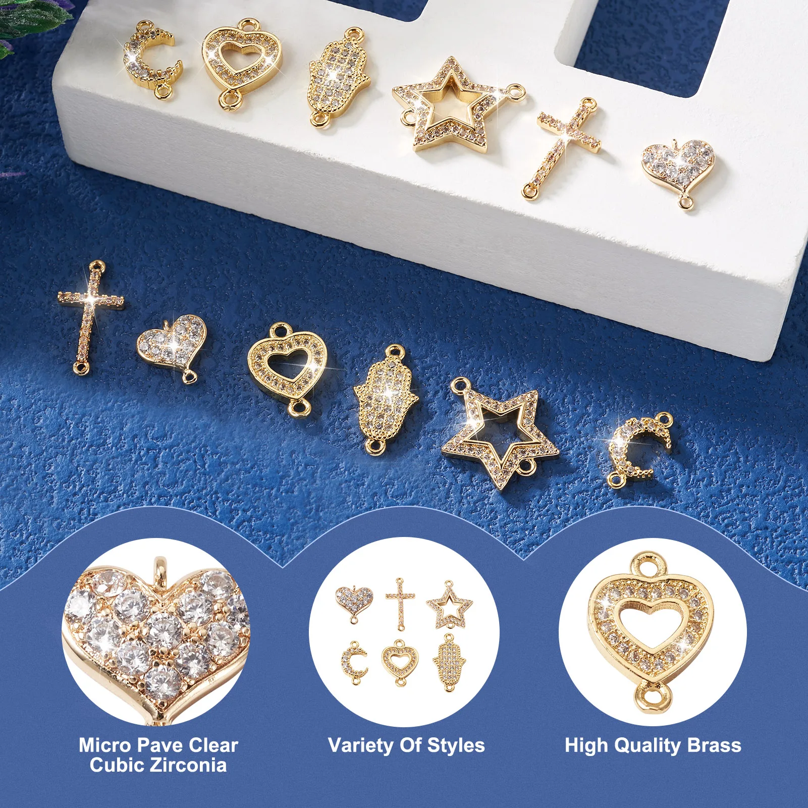 12pcs Golden Brass Cubic Zirconia Connector Charms Assorted 2-Hole Sideways Cross Star Rhinestone Links for DIY Jewelry Making