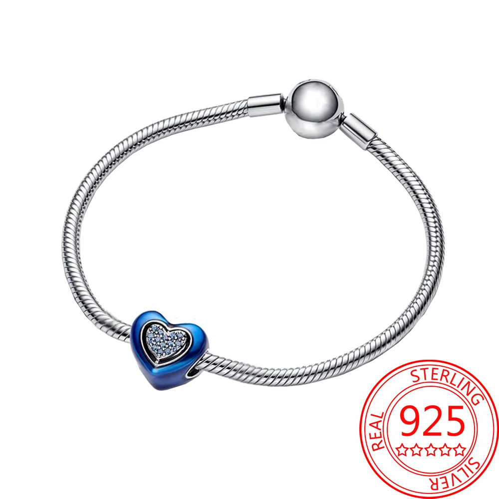 Abalorio clásico de Plata de Ley 925, cuentas de corazón giratorio azul, dividible, trébol de cuatro hojas, compatible con pulsera Pandora Original, joyería