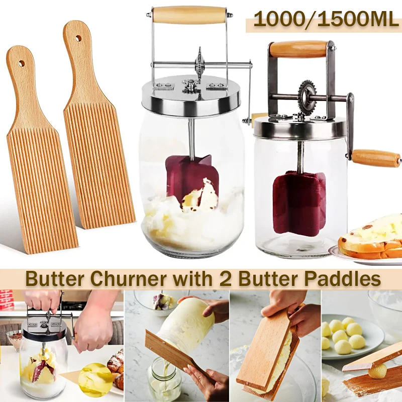 1000L/1500L Manual Butter Churner with Beech Wood Butter Paddles Cream Mixer Mason Jar Manual Homemade Artisan Butter