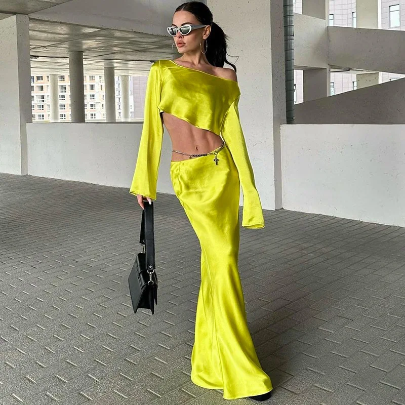 

Elegant Glossy Satin 2 Piece Sets Women Slash Neck Off Shoulder Long Sleeve Crop Top Bodycon Maxi Skirts Clubwear Party Suit