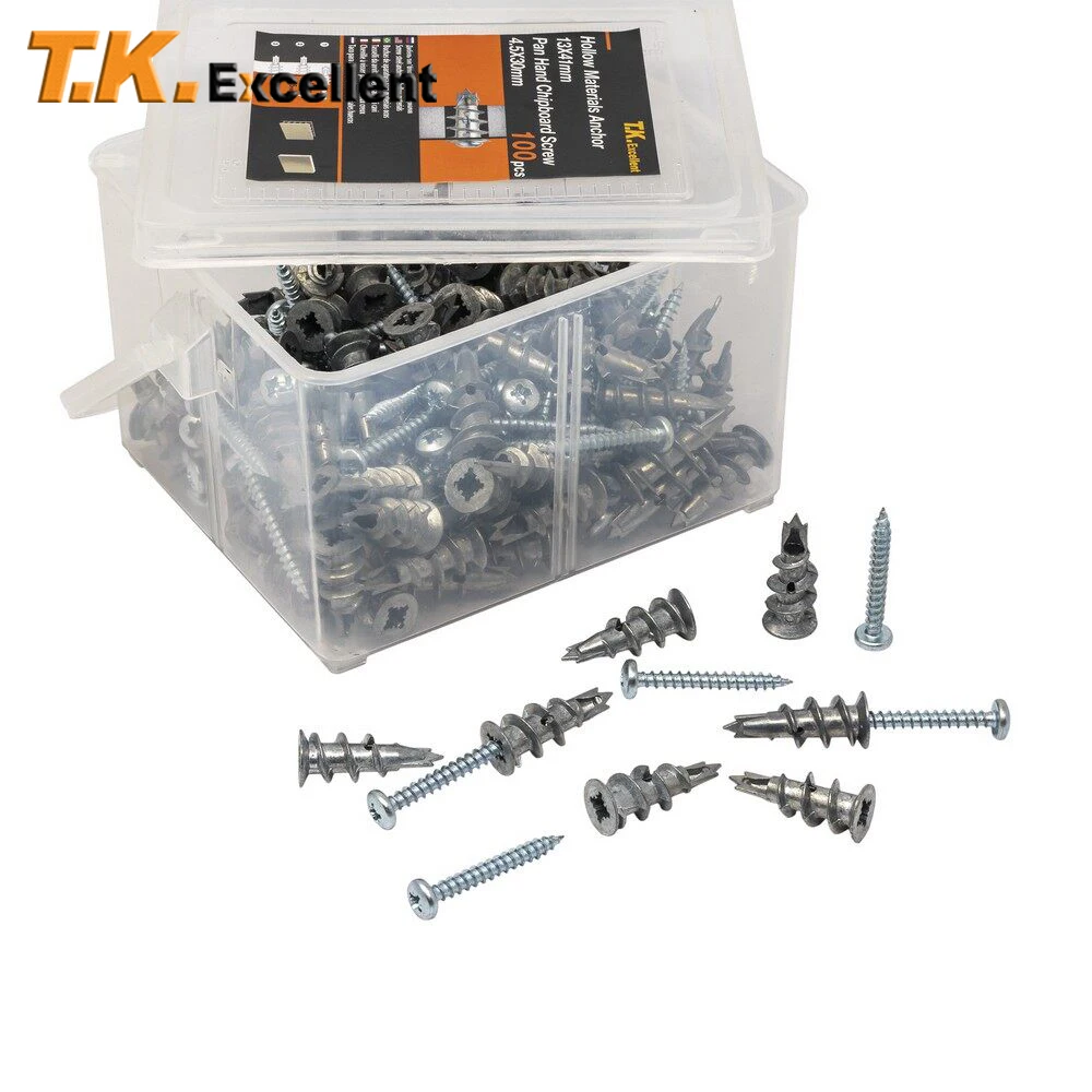 

Self Drilling Drywall and Wall Anchor 3 Point Tip Zinc Alloy Plugs for Hollow Wall Material 100Pcs and Pan Hand Chipboard Screws