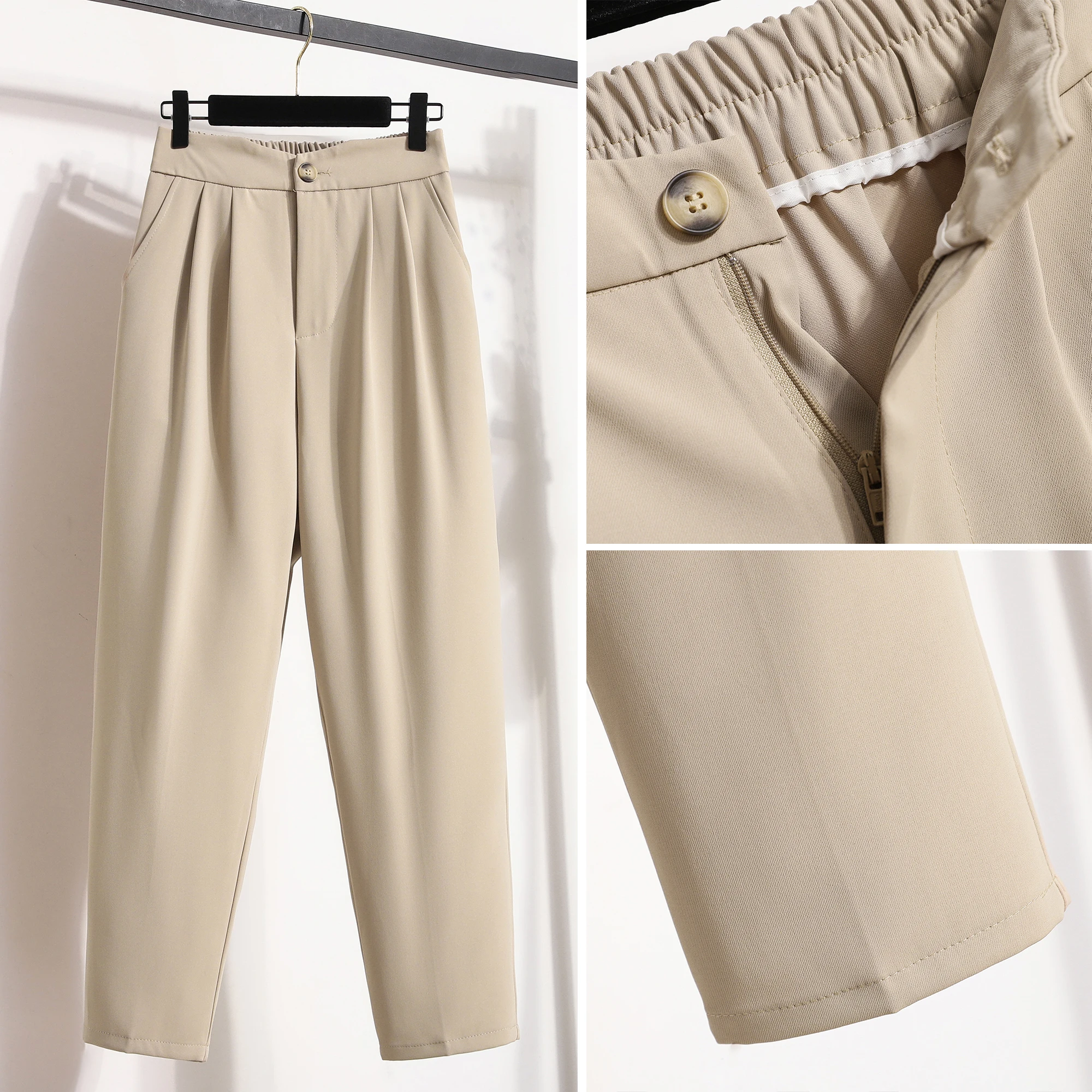 Autumn Female Formal Trousers Solid Color Ankle-length Button Fly Elastic Waist Office Lady Elegant Pencil Pants
