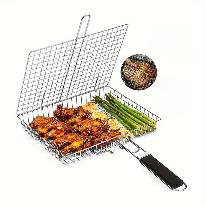 Barbecue Grilling Reusable Meat Fish Clip Holder Wooden Handle Metal Grill Mesh Foldable BBQ Grill Mat Grilling Basket
