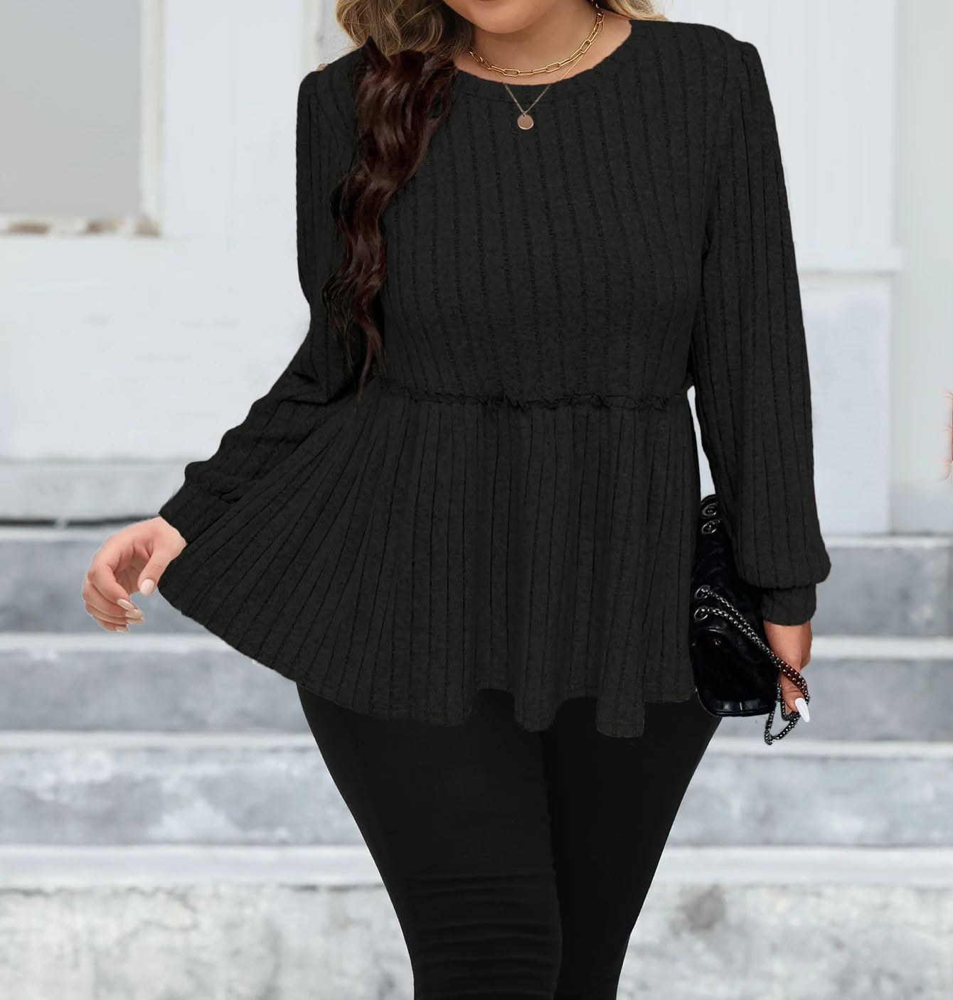 2024 Plus Size New autumn and winter pleated round neck solid color casual fashion long sleeved top 3