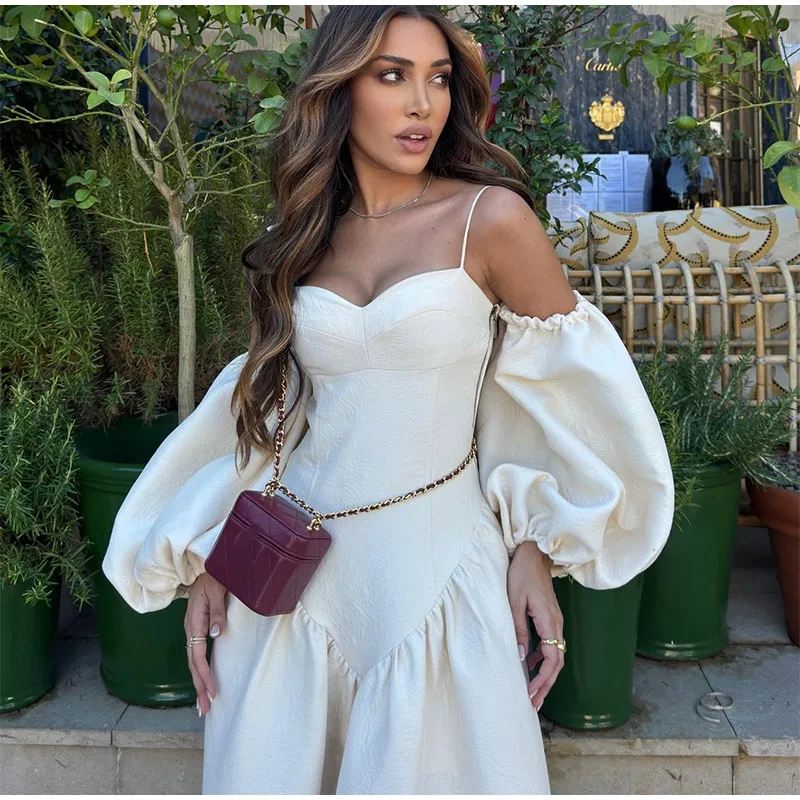 Elegant Puff Sleeve Sling Dresses Women Retro White Slim Fit Tube Dress Female Autumn Summer Versatile Street Party Evening