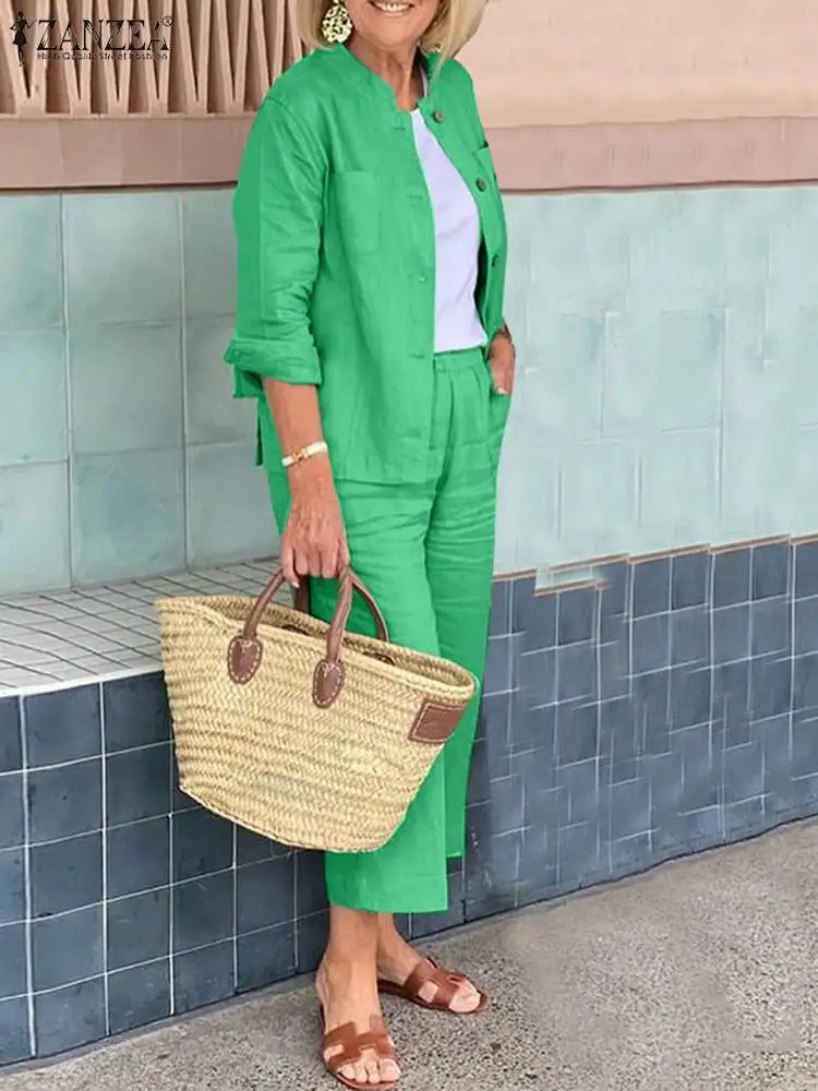 

Костюм спортивный ZANZEA женский из 2 предметов, рубашка с длинным рукавом и широкие брюки, повседневный деловой костюм, однотонный свободный костюм, осень