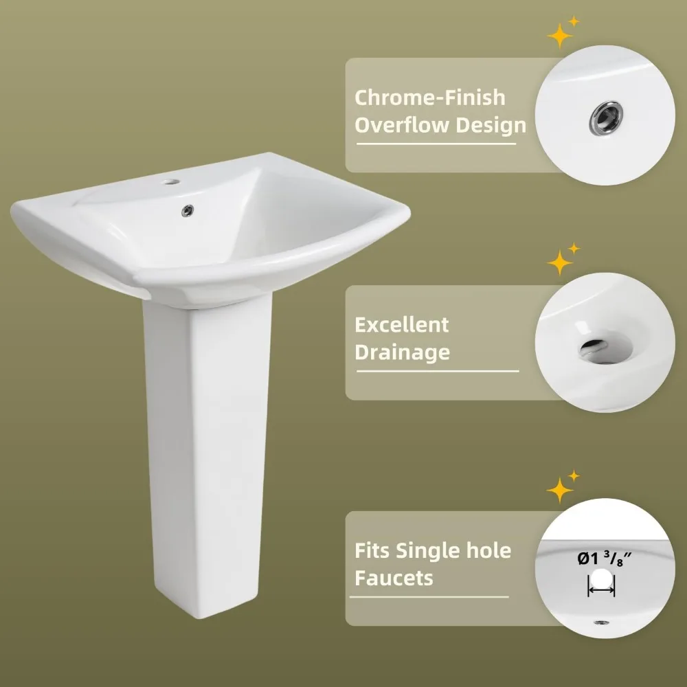 Modern ‎‎‎Rectangular Sytle Pedestal Sink for Tiny Bathrooms, L Pedestal Sink Combo with Overflow and 1 Pre-Drilled Faucet Hole 4