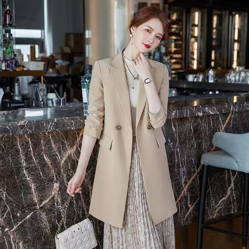 Women Long Blazers Spring Autumn 2023 Korean Office Lady Graceful Solid Suit Jackets Fashion Joker Overcoat New Workwear Female