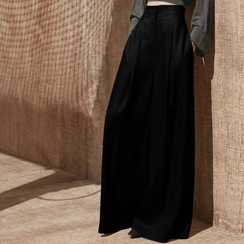 Women's Spring and Autumn New Elegant Solid Pocket Zipper Casual Versatile Simple High Waist Wide Leg Floor Dragging Pants